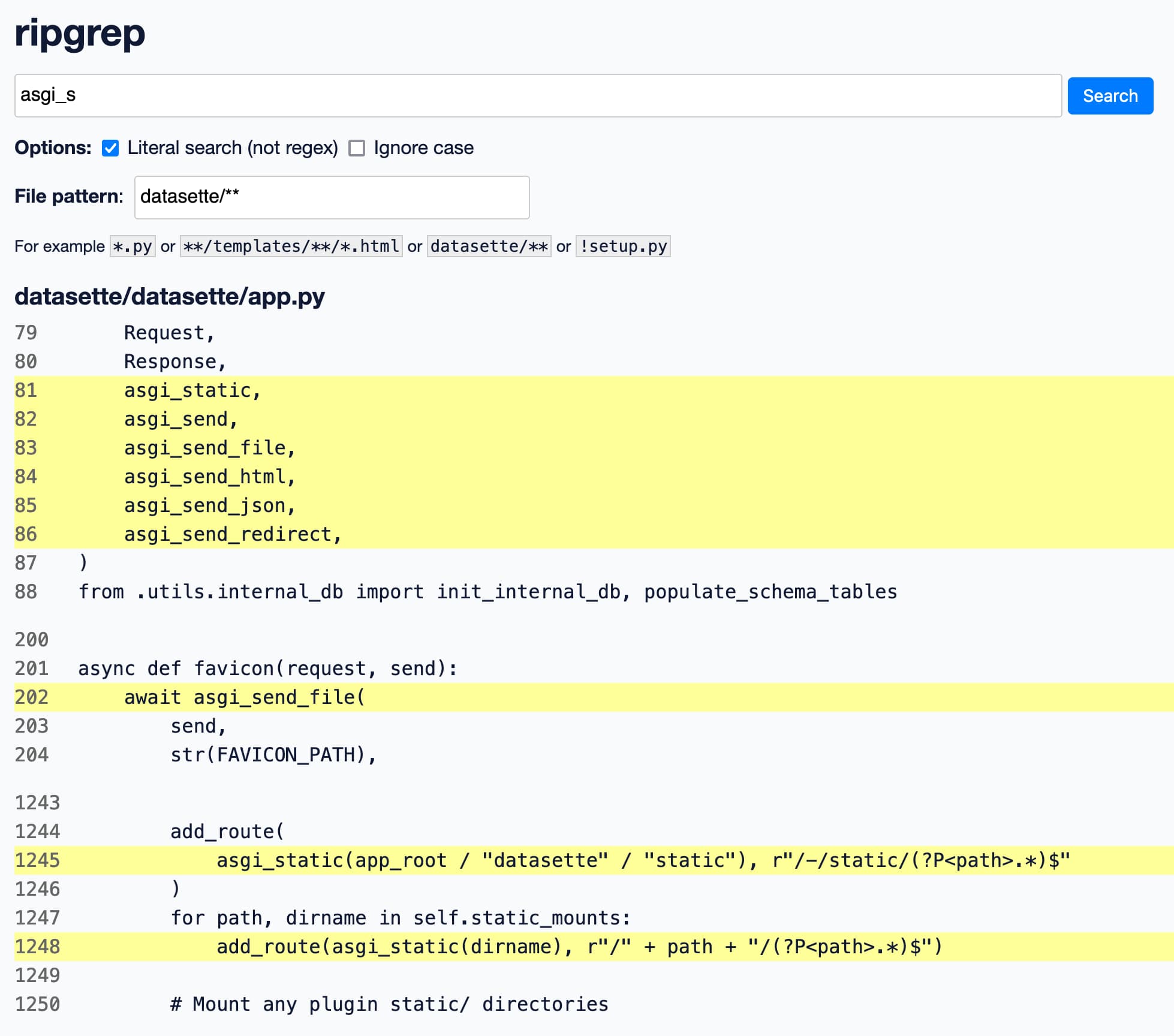 Screenshot of some code search results - matching lines are highlighted in yellow and there are small gaps between non-consecutive groups of line numbers