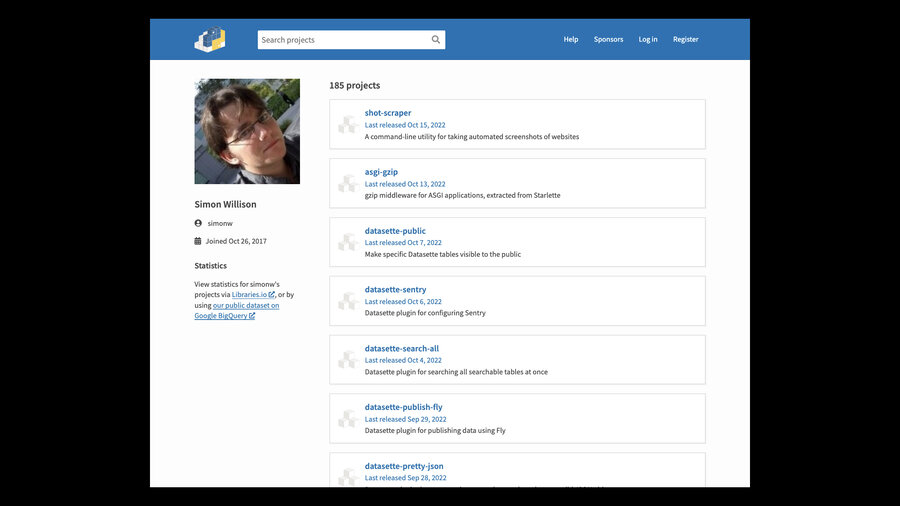 A screenshot of my profile on PyPI - my join date is Oct 26, 2017 and I have 185 pojects listed.