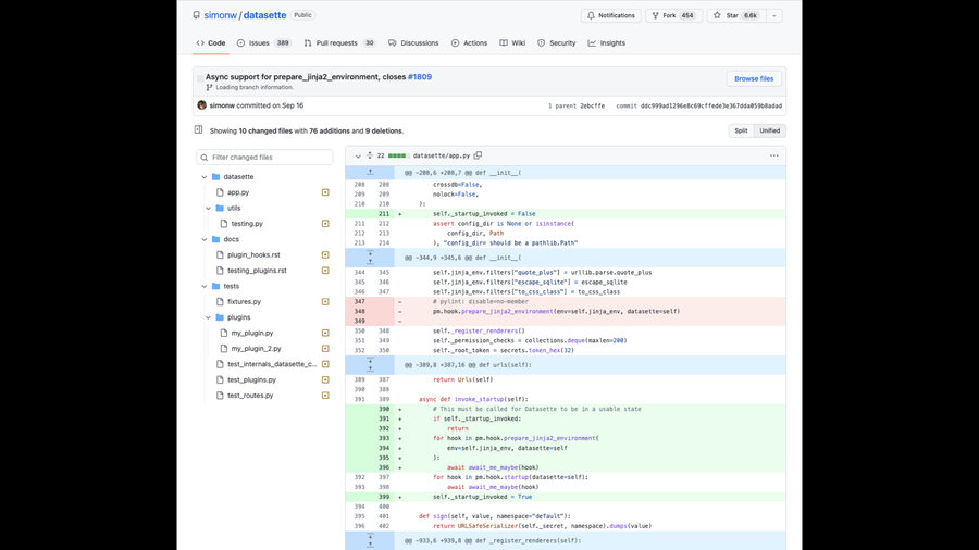 Screenshot of a commit on GitHub: the title is Async support for prepare_jinja2_environment, closes #1809