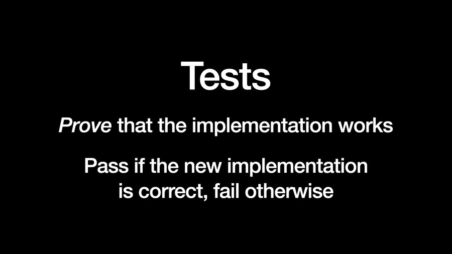 Tests: prove that the implementation works. Pass if the new implementation is correct, fail otherwise.