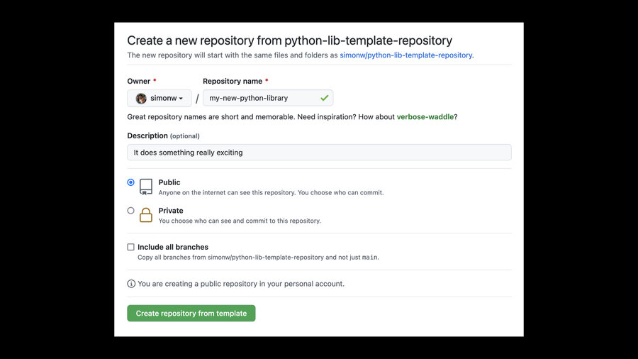 Screenshot of the GitHub page to create a new repsoitory from python-lib-template-repository, which asks for a repository name, a description string and if the new repo should be public or private.