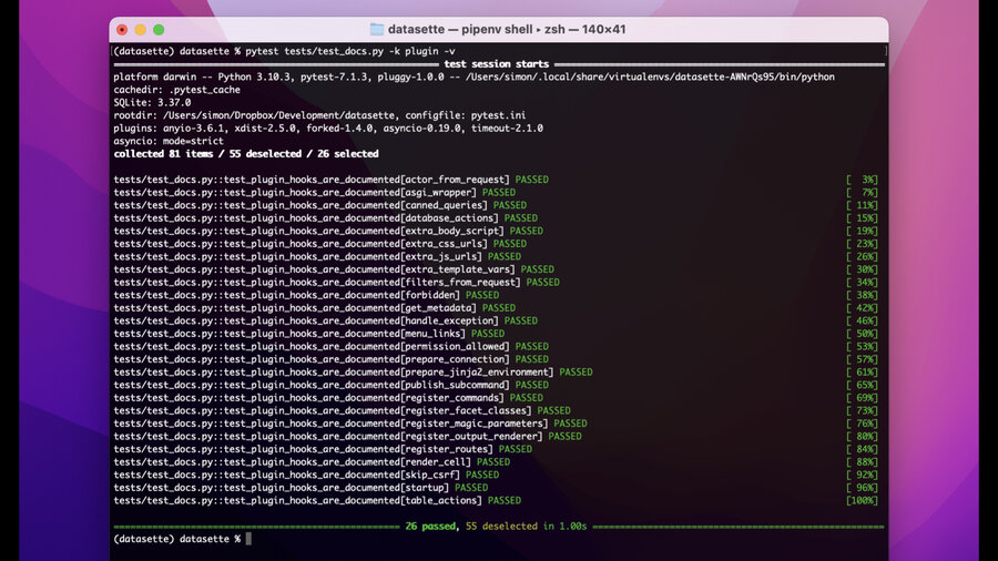 Screenshot showing pytest running 26 passing tests, each with a name like test_plugin_hook_are_documented[filters_from_request]