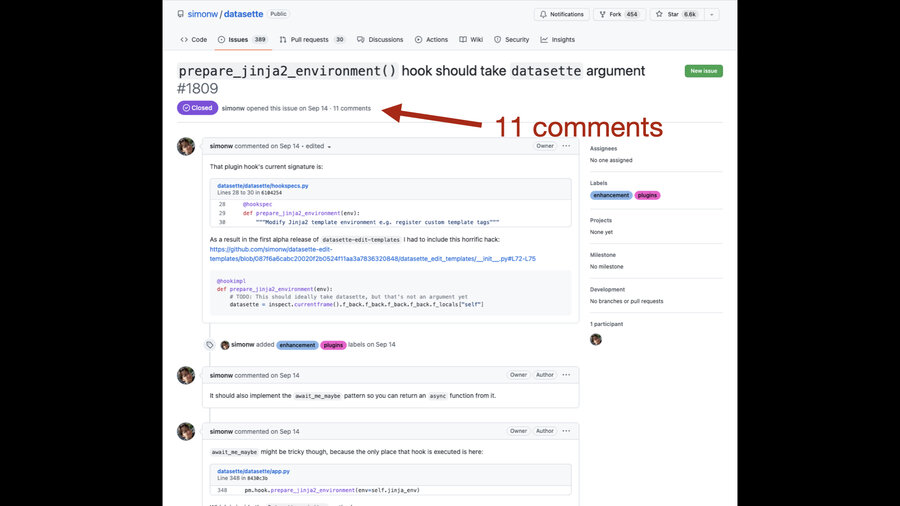 A screenshot of the issue titled prepare_jinja_enviroment() hook should take datasette argument - it has 11 comments