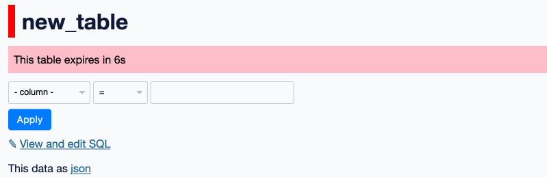 Screenshot of the table page, with a message that says This table expires in 5s which ticks down until it reads This table has expired.
