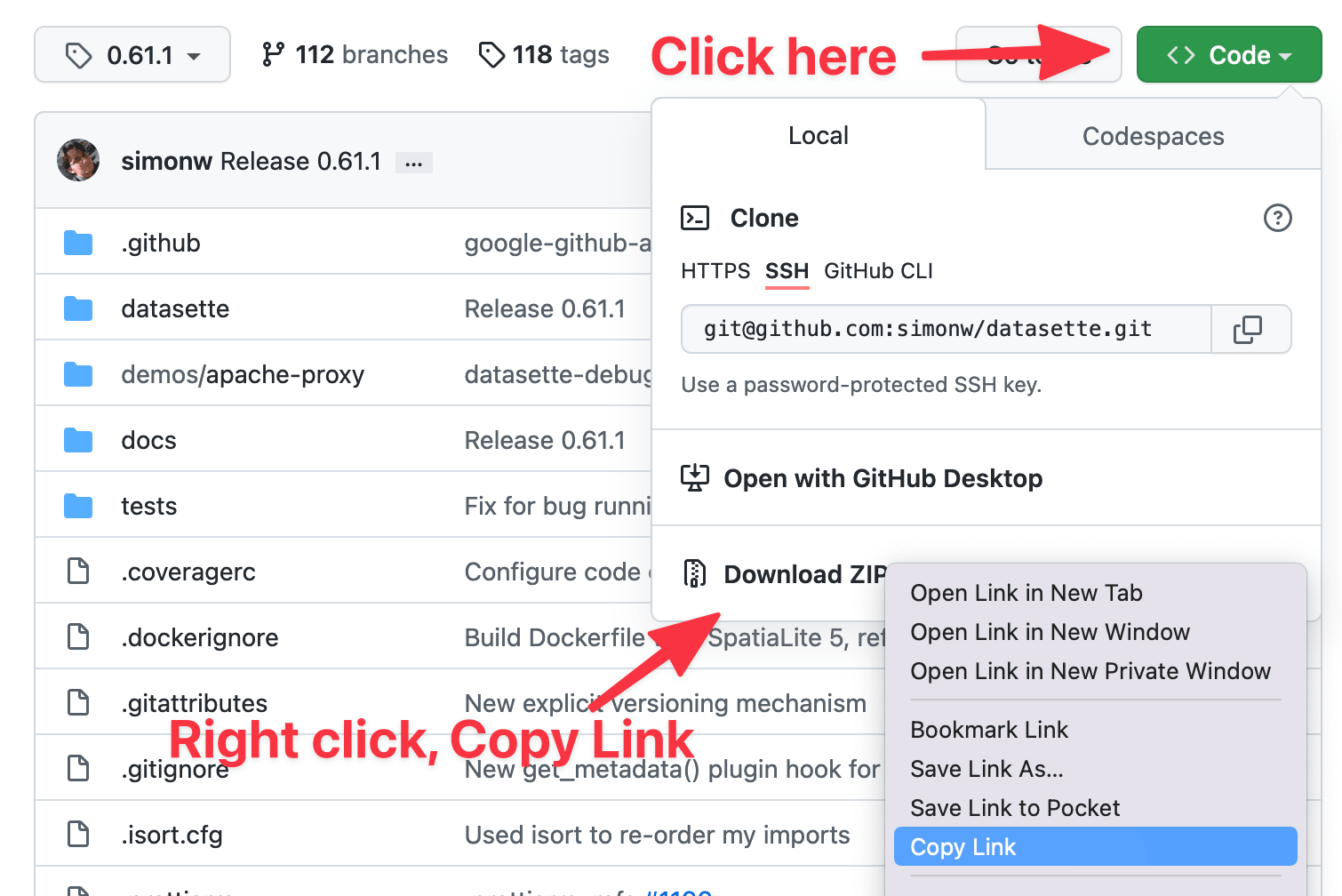 Screenshot of the GitHub web interface - click on the green Code button, then right click on Download ZIP and selecet Copy Link