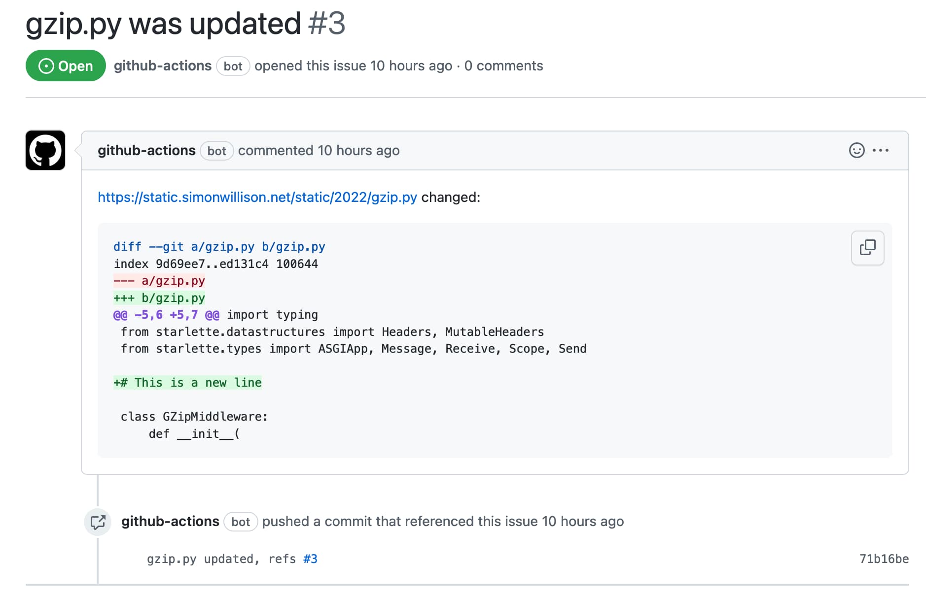 Screenshot of an open issue page. The issues is titled "gzip.py was updated" and contains a visual diff showing the change to a file. A commit that references the issue is listed too.