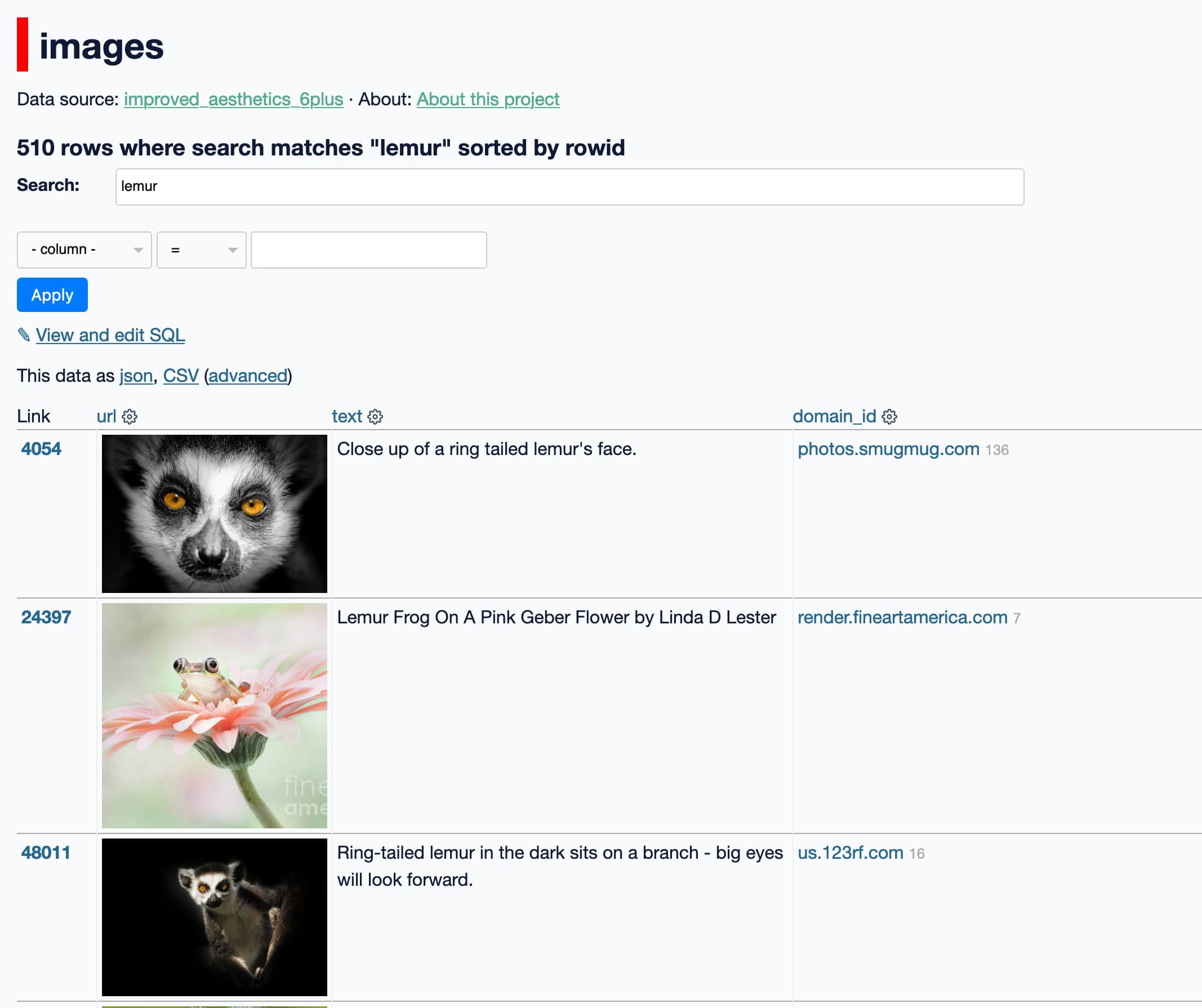 Screenshot of the search interface, showing the results for lemur