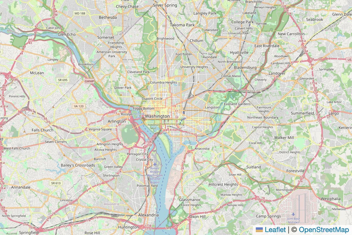 A map of Washington DC, with a Leaflet / OpenStreetMap attribution in the bottom right