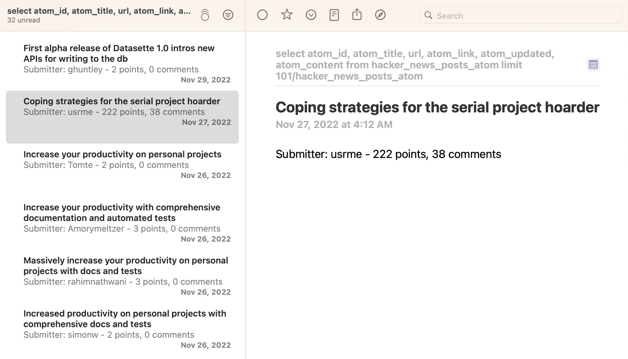 A screenshot of a feed reading interface, showing posts from Hacker News with the submitter, number of points and number of comments