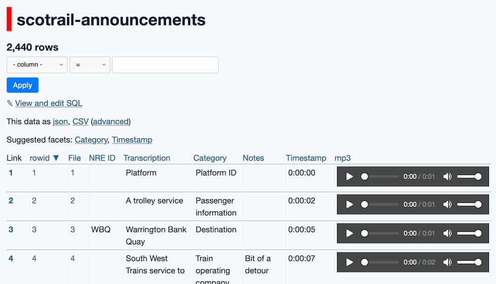 The scotrail announcements table, now with each row featuring an interactive MP3 player widget in the mp3 column.