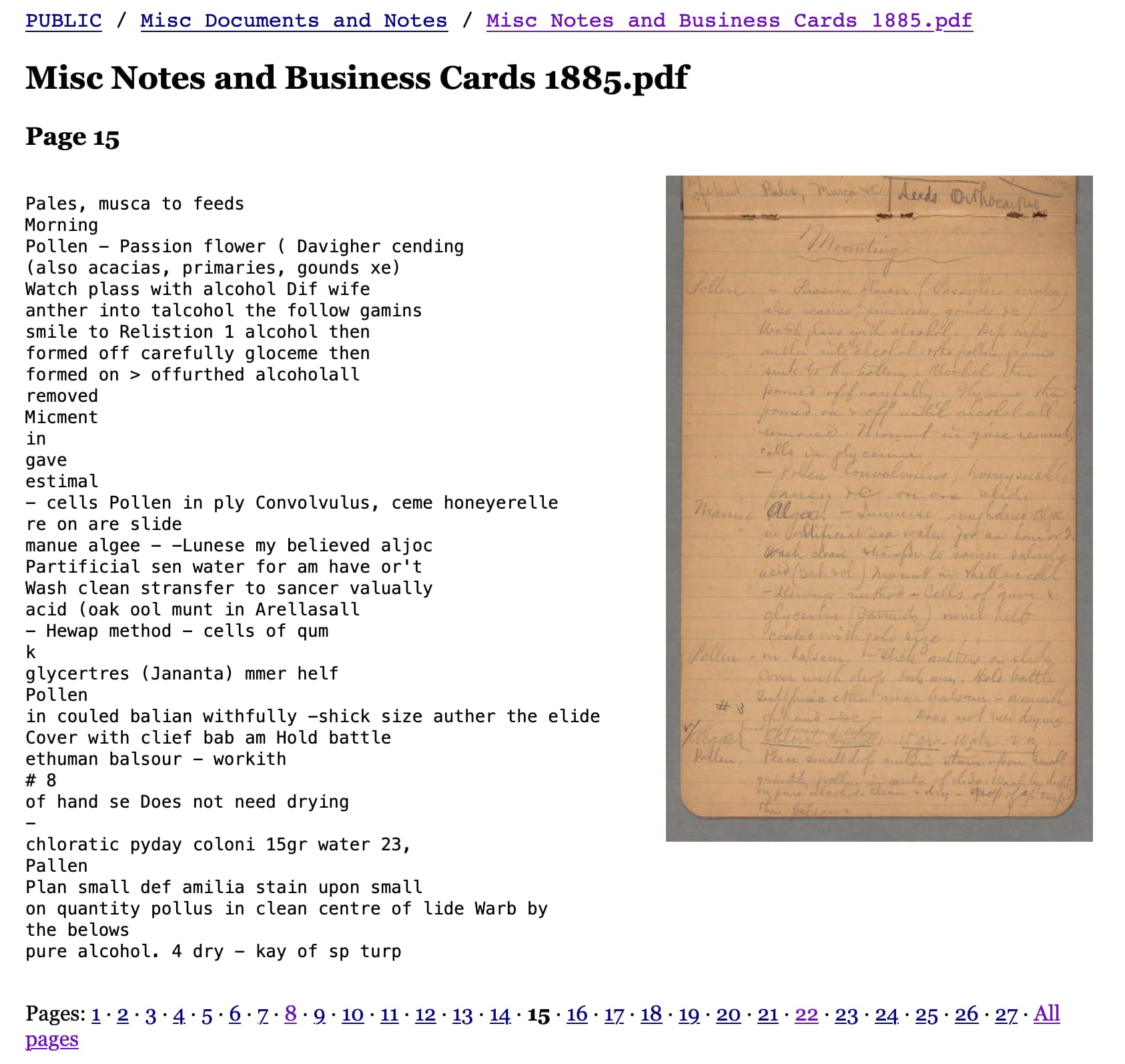 A page titled Misc Notes and Business Cards 1885.pdf pafe 15. The scanned image on the right shows some beautiful but very hard to read handwritten notes. The OCR text on the left looks to me like it's pretty accurate.
