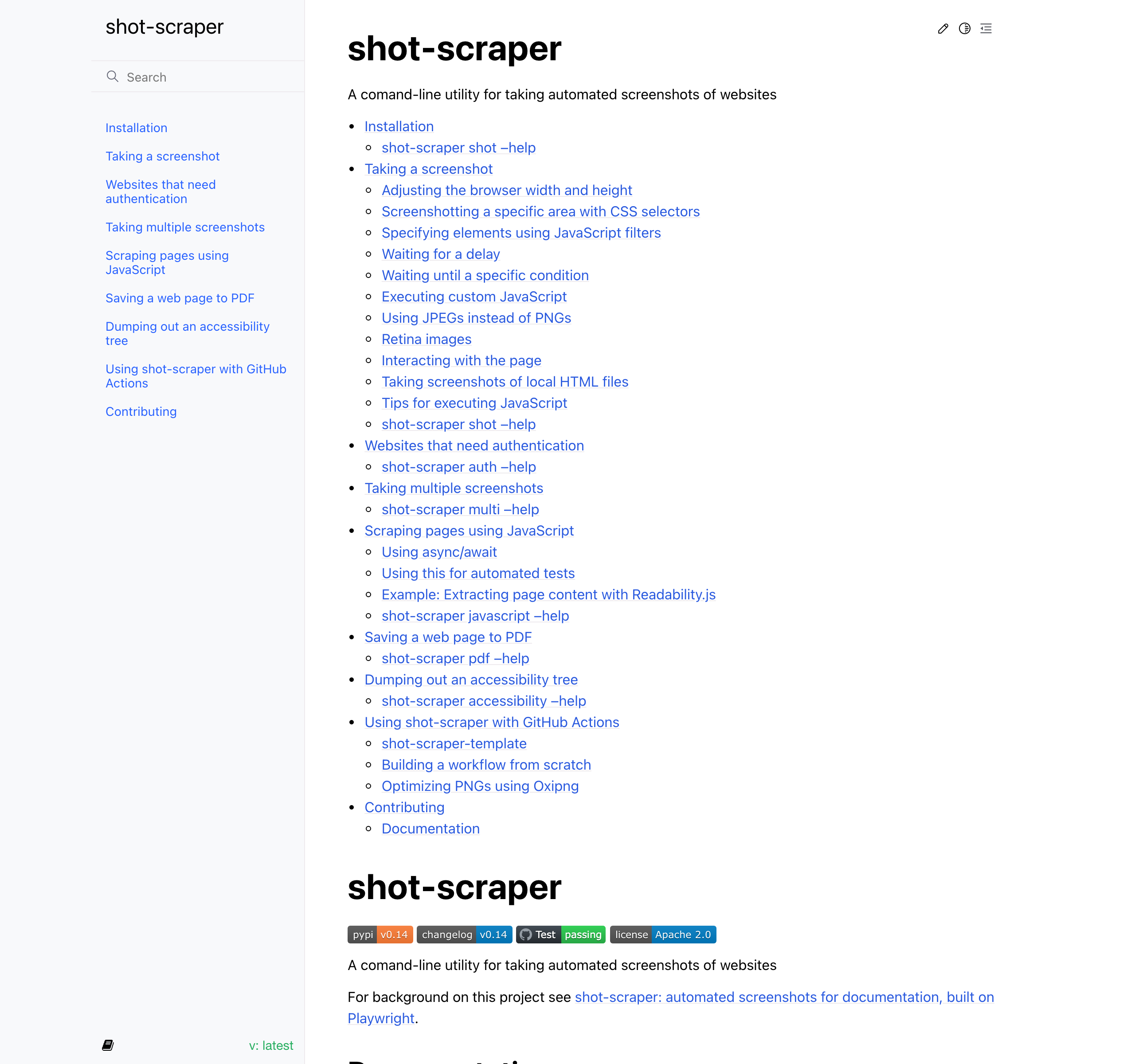 A screenshot of the shot-scraper documentation, showing the table of contents