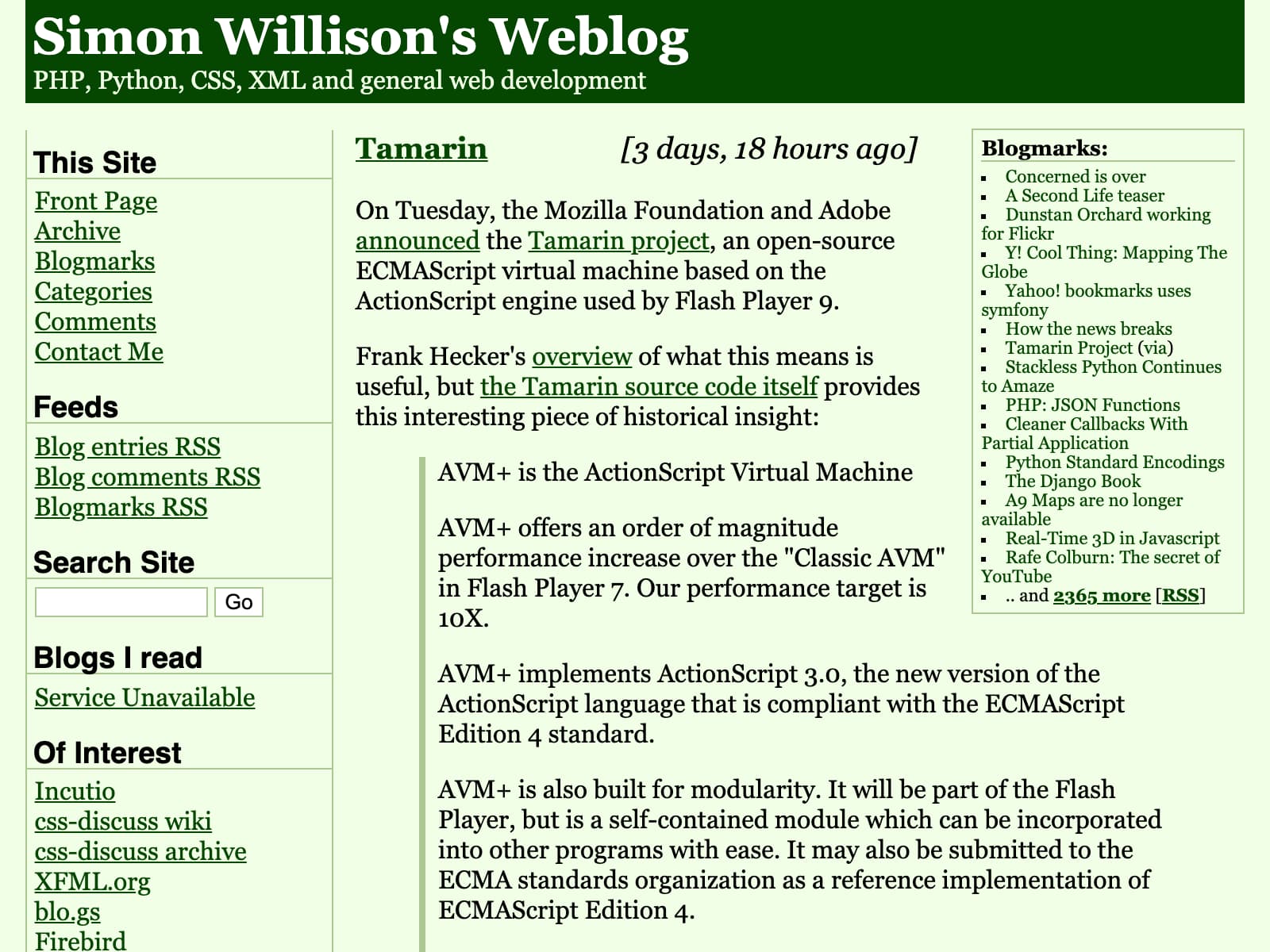 My blog in June 2003. The header and highlight colours were orange, the rest was black on white text. The tagline reads: PHP, PYthon, CSS, XML and general web development. The sidebar includes a "Blogs I read" section with notes as to when each one was last updated. My top post that day talks about Using boomarklets to experiment with CSS.