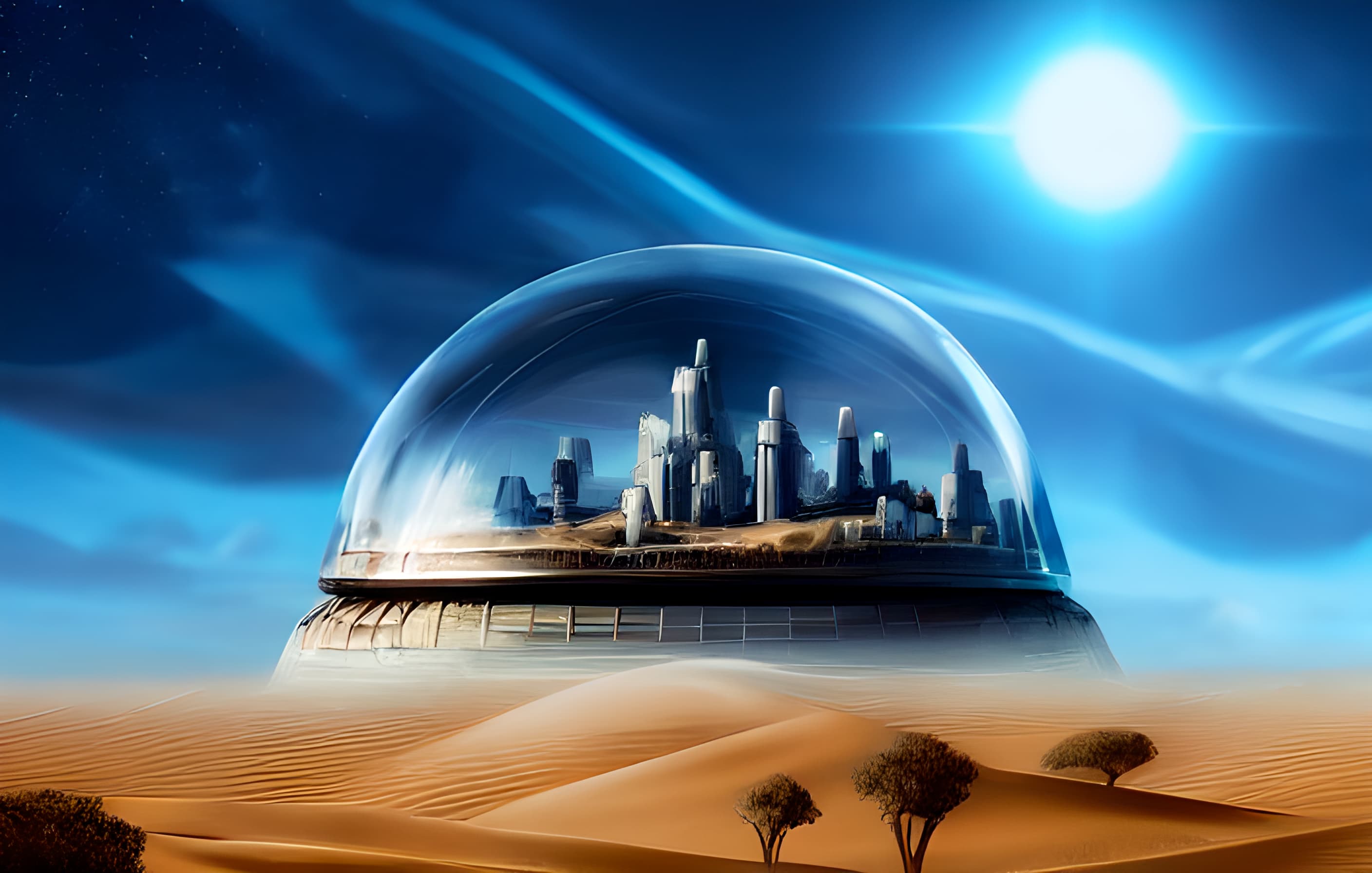 A gorgeous image of a futuristic city under a glass domb, in front of a wind-swept desert. The composition matches the Microsoft Paint input, but everything is rendered in great detail.