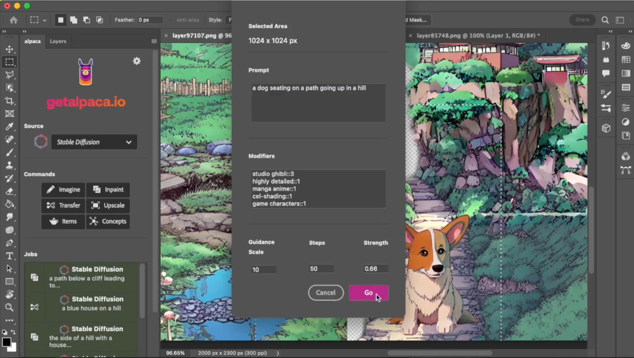 A screenshot of Photoshop - a complex image on multiple layers is shown in the background. The user has open a dialog where they have entered the prompt "a dog seating on a path going up in a hill" - with modifiers of "studio ghibli::3", "highly detailed::1", "mang anime::1", "cel-shading::1" and "game characters::1".