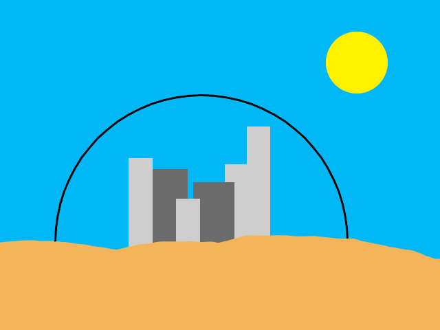 A simple looking Microsoft Paint style image made of flat colours: a sky blue background, a rough yellow desert in the foreground, a semi-circle black line representing a half dome over five shapes in two shades of grey representing buildings inside the dome. A yellow circle represents the sun in the top right of the image, above the dome.