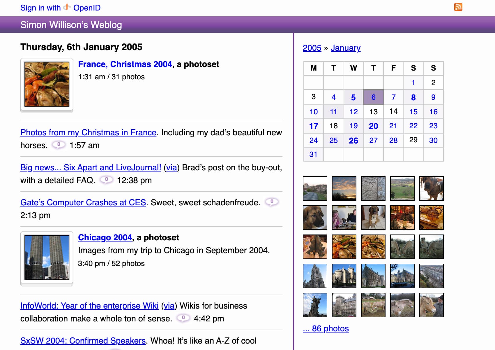 Screenshot of my blog's archive page for 6th January 2005 with my old design - it included photosets from Flickr mixed in among the links, as well as a set of photo thumbnails in the right hand navigation underneath the calendar widget