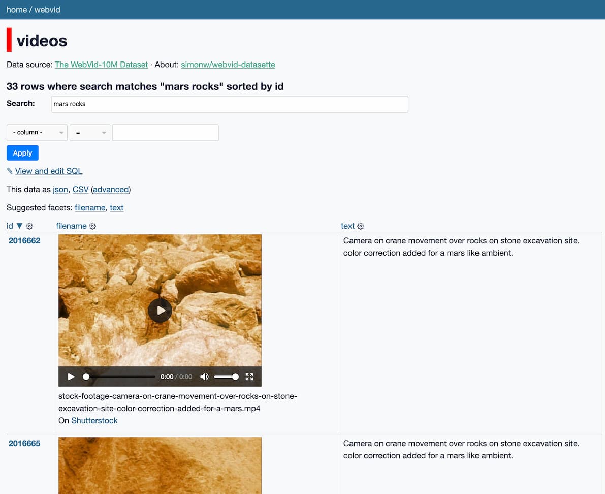 A search for mars rocks returns 33 videos, each shown with a video player