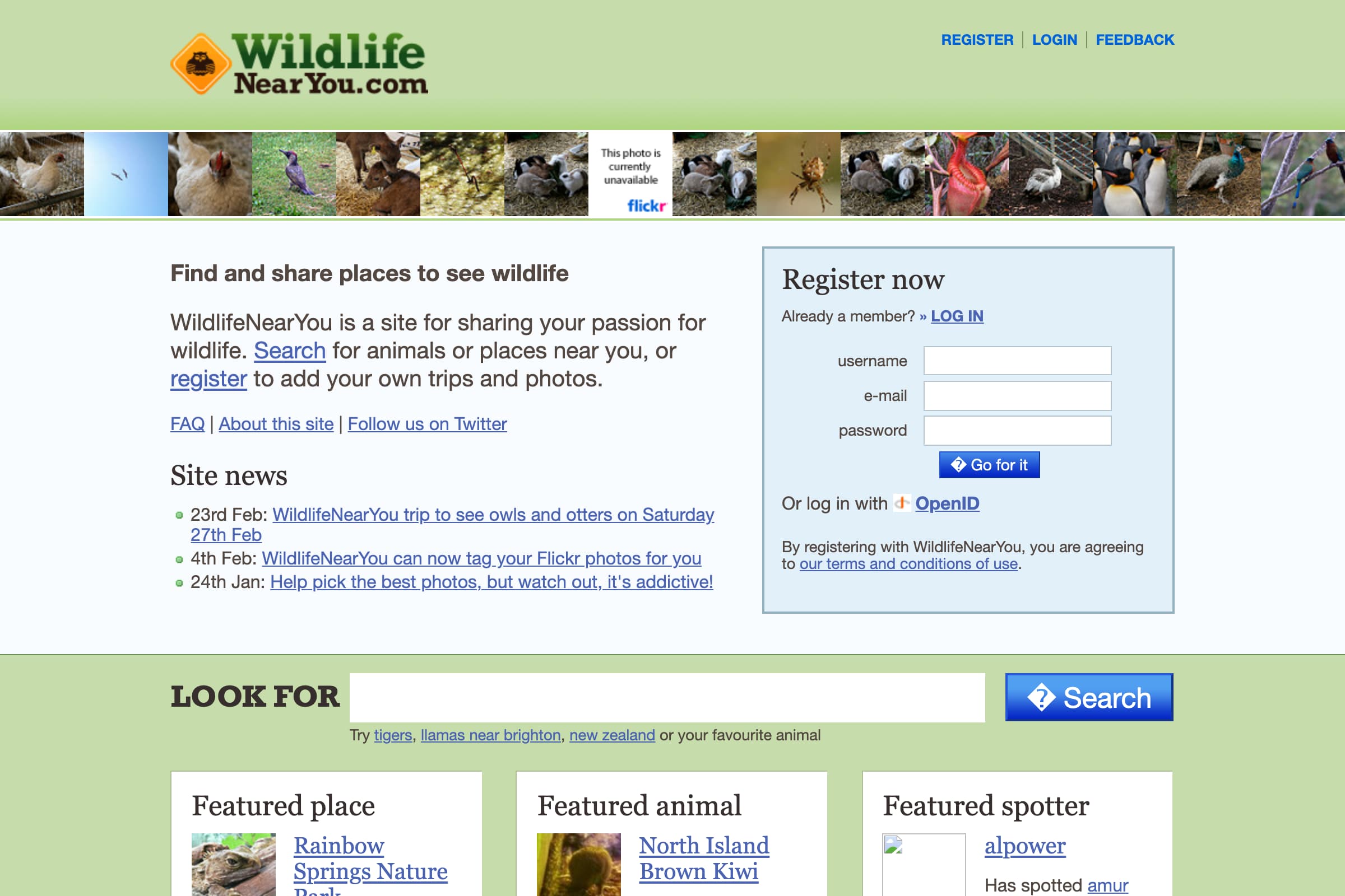 Find and share places to see wildlife: WildlifeNearYou is a site for sharing your passion for wildlife. Search for animals or places near you, or register to add your own trips and photos.