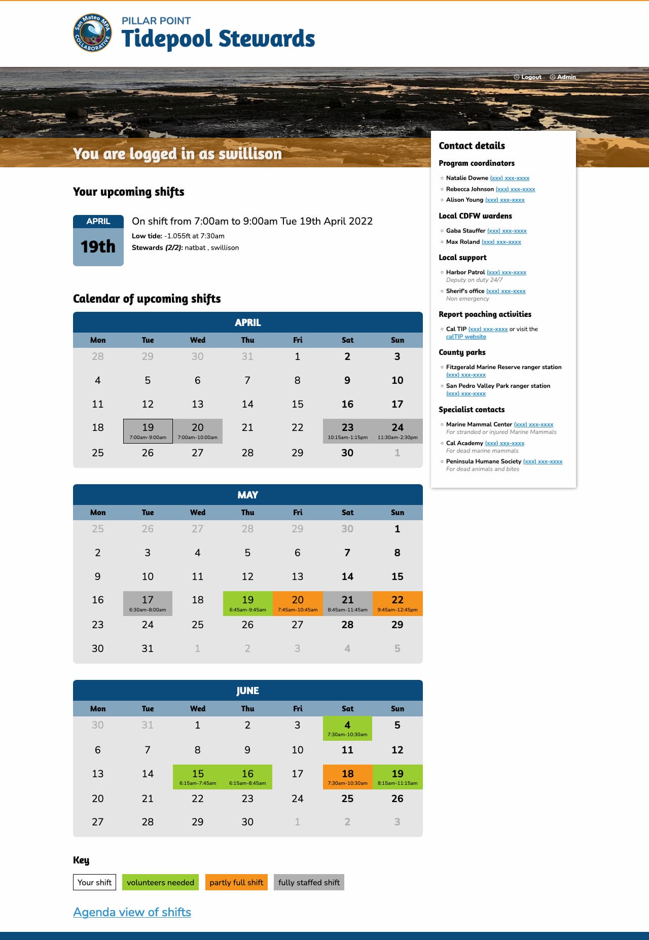 The signed in homepage, showing a list of upcoming shifts and a calendar view.
