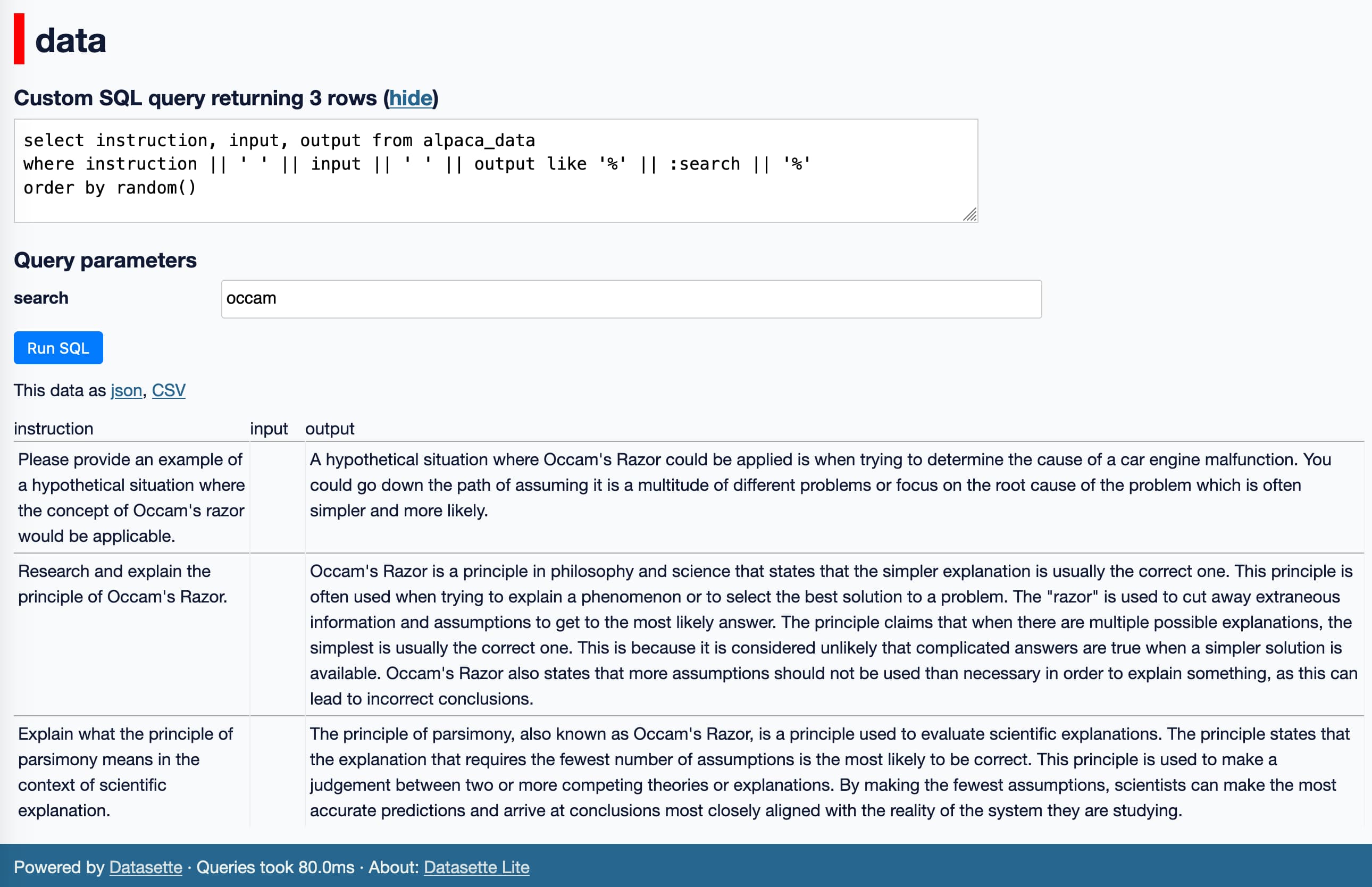 Screenshot of Datasette executing that SQL query, retruning three results that match 'occam'