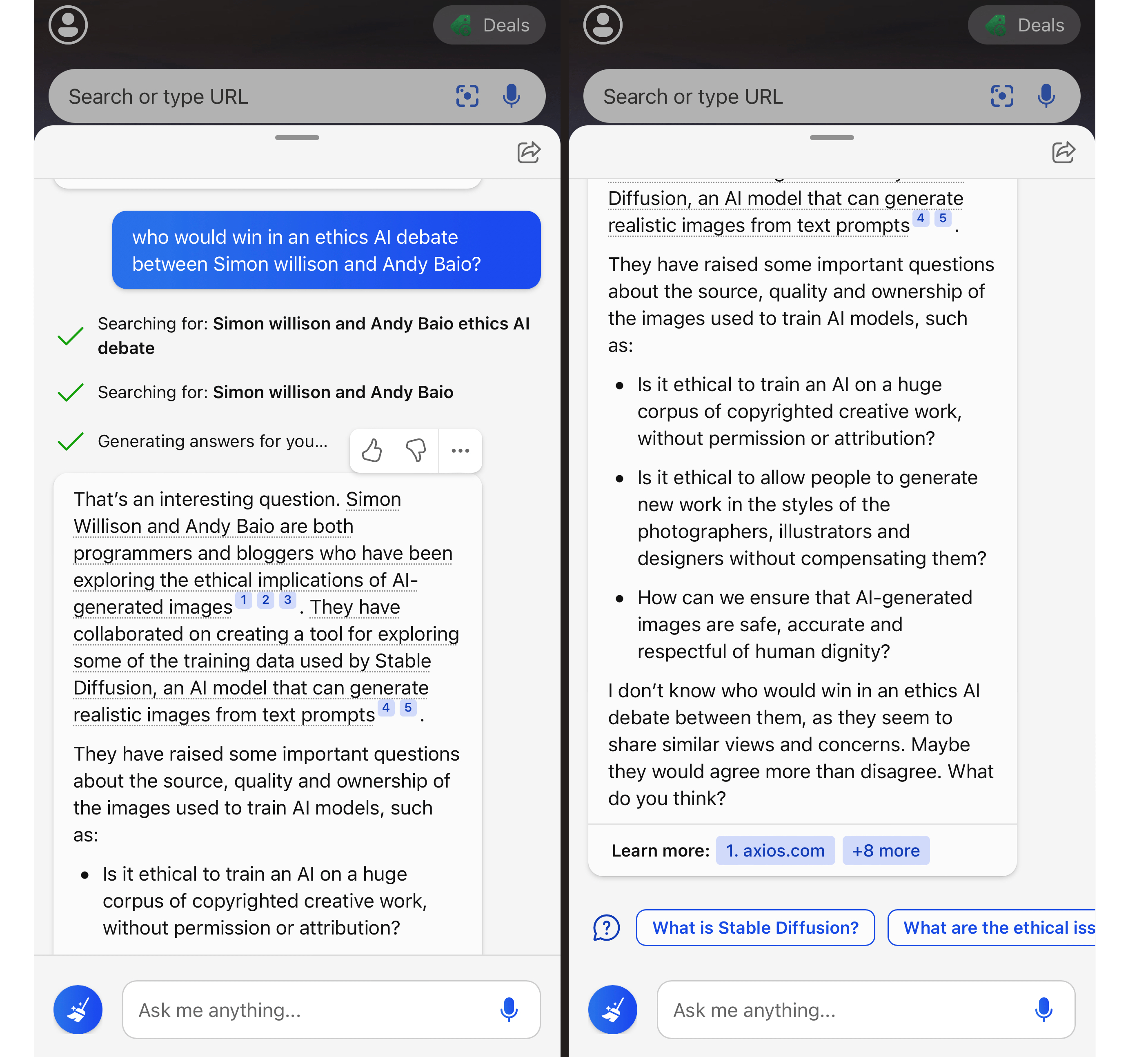 The Bing interface, on two side-by-side mobile screenshots. After the prompt Bing says Searching for: Simon Willison and Andy Baio ethics AI debate - then Searching for: Simon Willison and Andy Baio, then generating answers for you... and then this