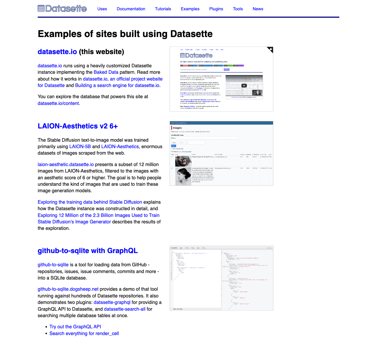 Screenshot of the Examples of sites built using Datasette page, featuring datasette.io and LAION-Aesthetics and github-to-sqlite with GraphQL