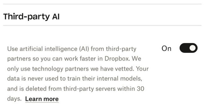 第三方 AI：使用第三方合作伙伴的人工智能 (Al)，以便您可以在 Dropbox 中更快地工作。我们只使用经过我们审查的技术合作伙伴。您的数据绝不会用于训练其内部模型，并且会在 30 天内从第三方服务器中删除。了解更多。有一个开关设置为“开”。