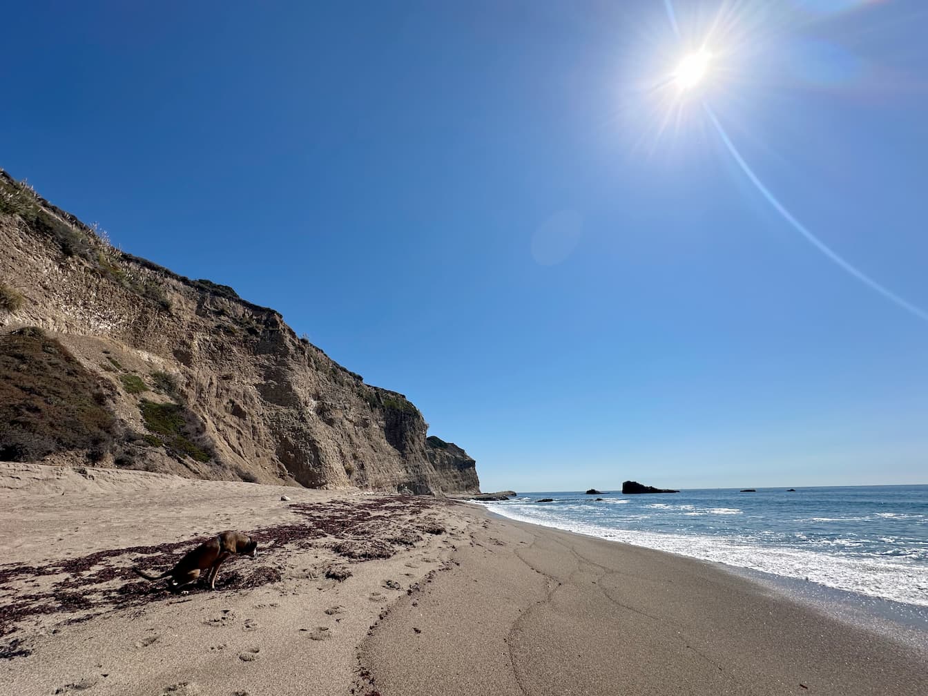 A bright blue sky over a beach, with sandy cliffs and the Pacific ocean in the frame