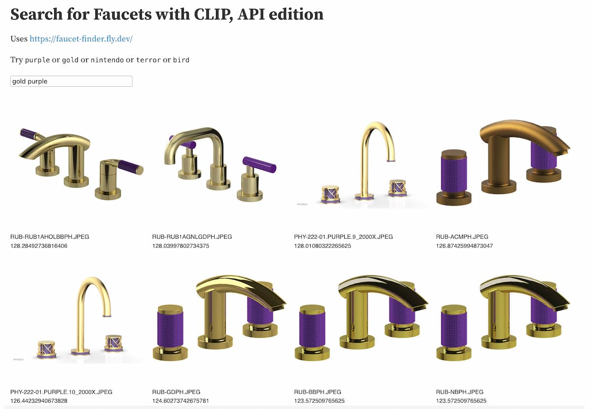 Observable notebook: Search for Faucets with CLIP. The search term gold purple produces 8 alarmingly tasteless faucets in those combined colors.