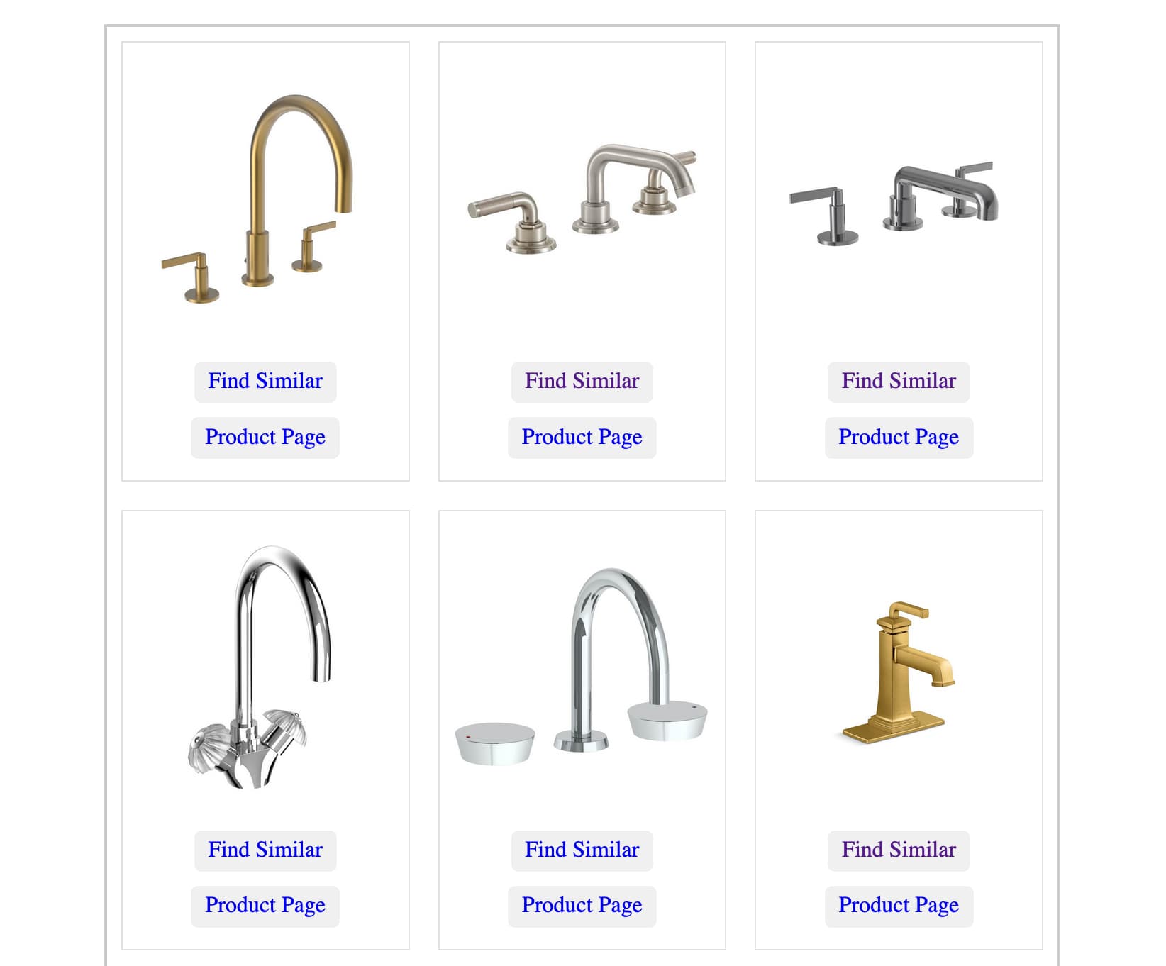 The Faucet Finder homepage - six faucets, each with a Find Similar button.