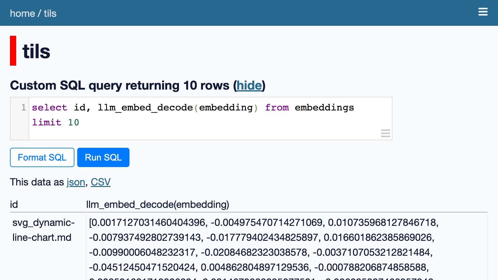 Now the SQL query returns a JSON array of floating point numbers for each ID