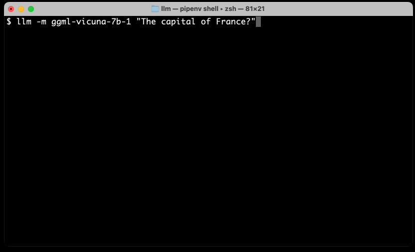Animated screenshot. Running that command produces a progress bar as the 4.21GB model downloads - once the download finishes it spits out the sentence Paris is the capital of France one word at a time. Then the user types llm logs -n 1 and sees a JSON log revealing the details about the prompt that were saved in the database.