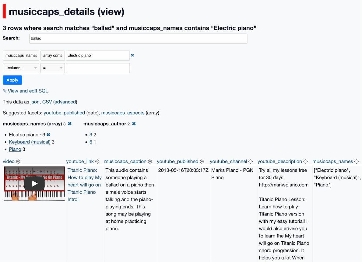 A Datasette table. Title is "musiccaps_details (view)",     subheading is "3 rows where search matches "ballad" and musiccaps_names contains "Electric piano""     The first result is a YouTube video from the channel "Marks Piano - PGN Piano", with a musiccaps_caption of "This audio contains someone playing a ballad on a piano then a male voice starts talking and the piano-playing ends. This song may be playing at home practicing piano."