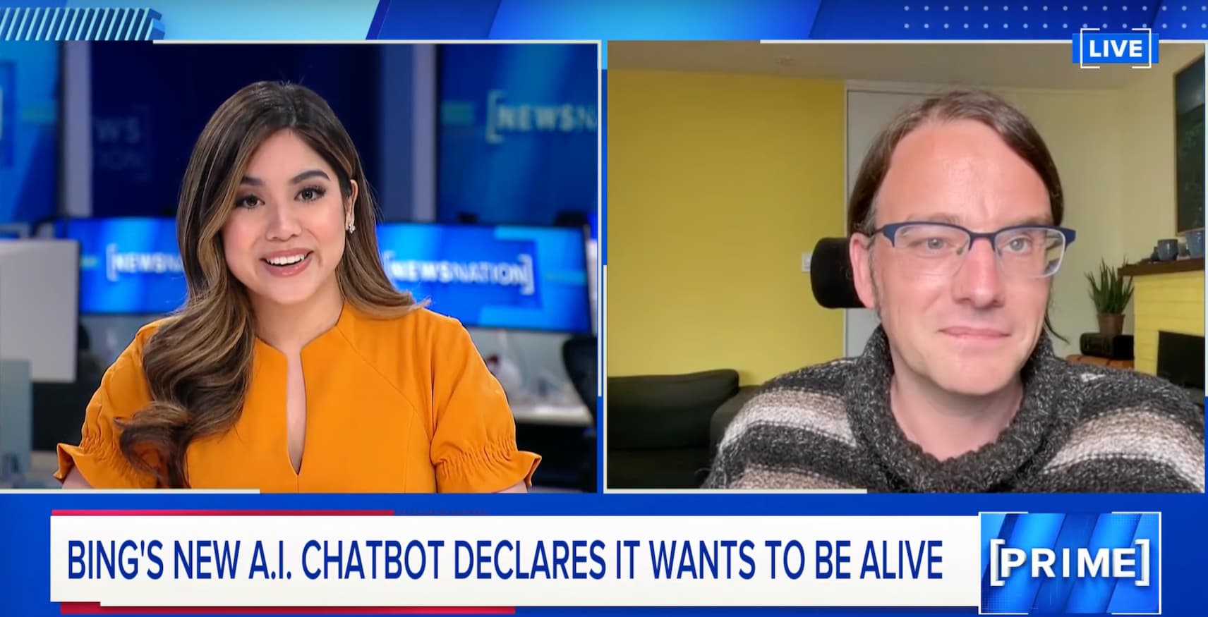 Natasha Zouves on the left, me on the right, a chyron reads: Bing's new chatbot declares it wants to be alive