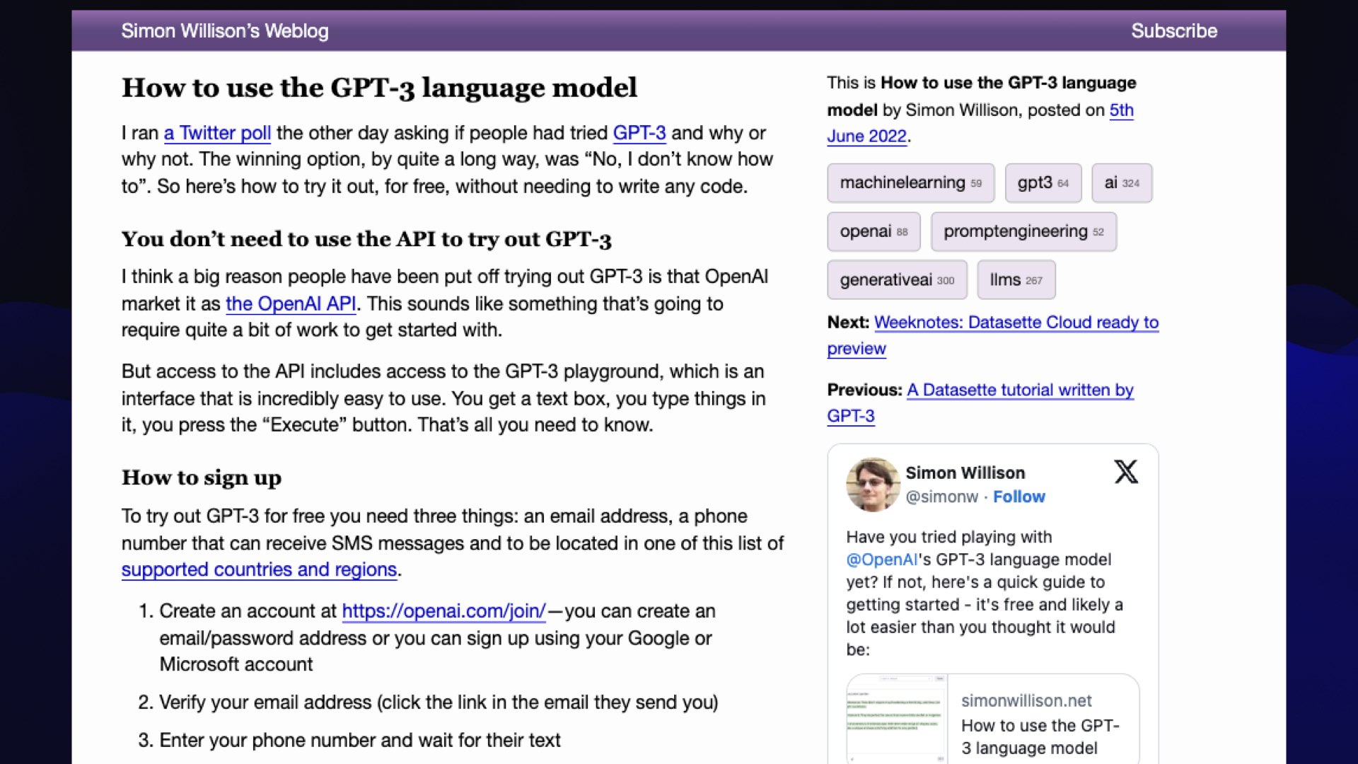 Simon Willison’s Weblog  How to use the GPT-3 language model, posted on 5th June 2022.