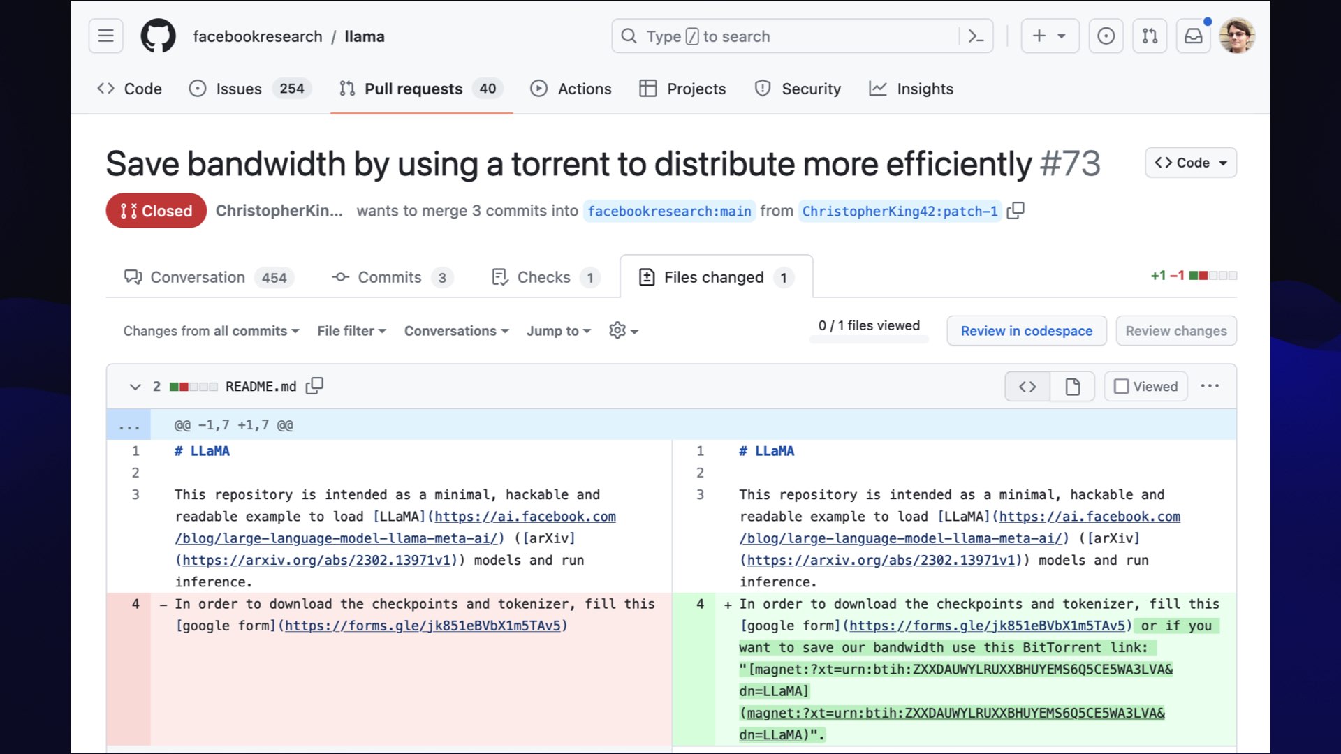 A pull request to facebookresearch/llama - Save bandwidth by using a torrent to distribute more efficiently  The diff shows the addition of a BitTorrent link