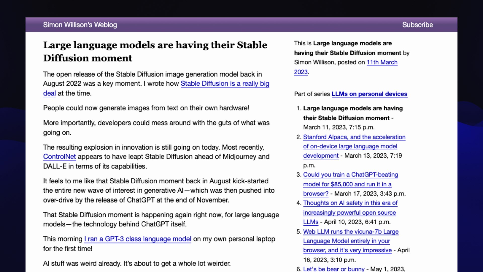 Simon Willison’s Weblog: Large language models are having their Stable Diffusion moment  Posted on 11th March 2023