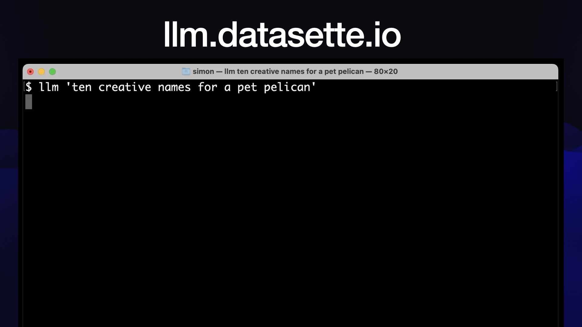 llm.datasette.io  Screenshot of a terminal:  $ llm "ten creative names for a pet pelican"