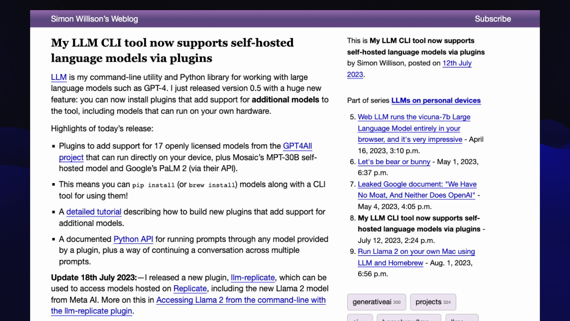 Simon Willison’s Weblog: My LLM CLI tool now supports self-hosted language models via plugins  12th July 2023