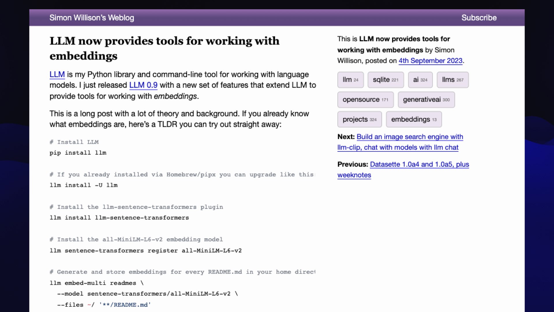 Simon Willison’s Weblog: LLM now provides tools for working with embeddings  4th September 2023