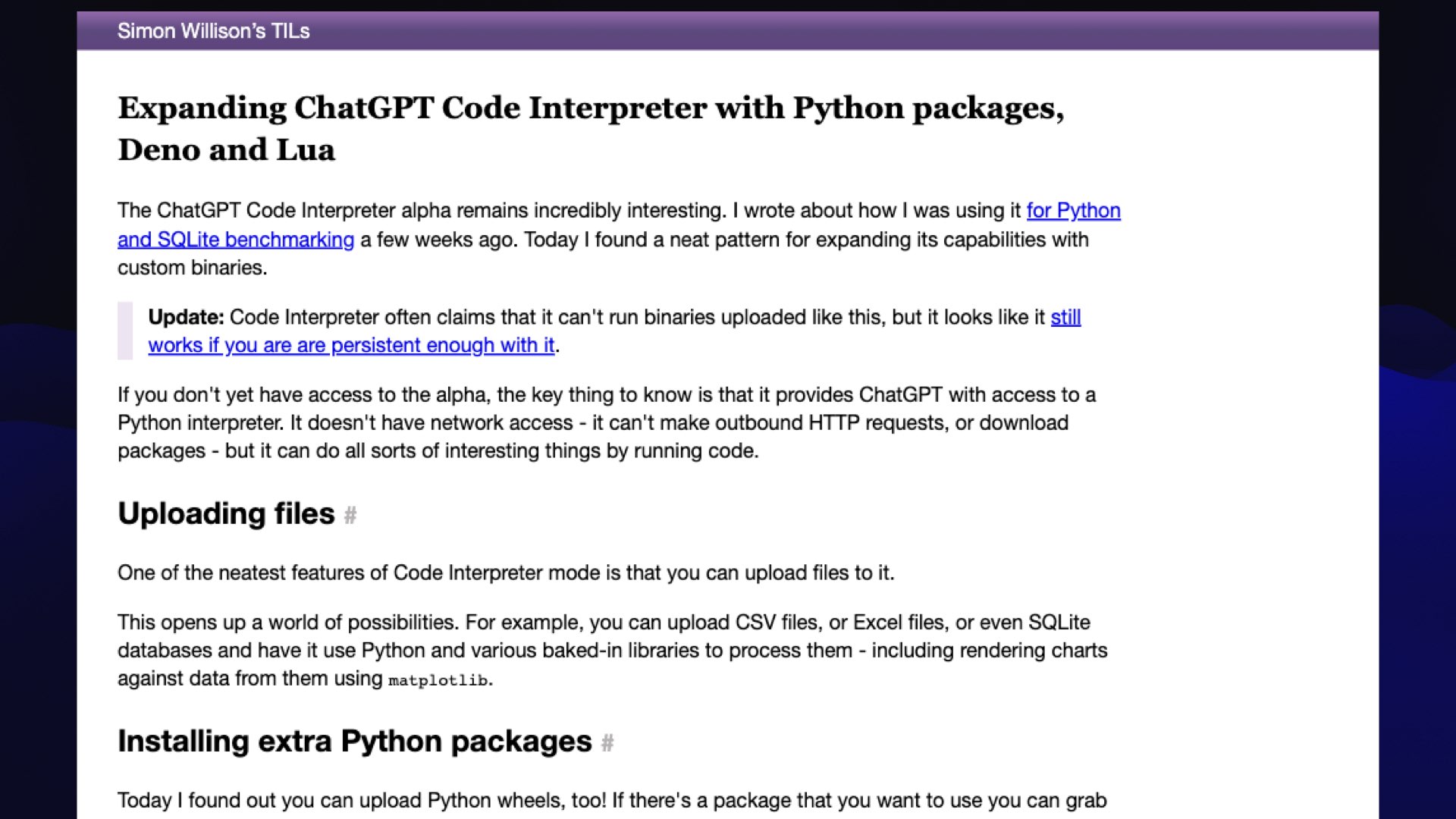 TIL blog post:  Expanding ChatGPT Code Interpreter with Python packages, Deno and Lua
