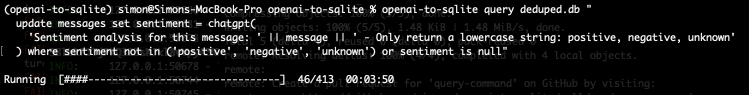 Terminal showing that full command, plus a progress bar that counts from 46/413 up to 44/413 and shows the estimated time remaining