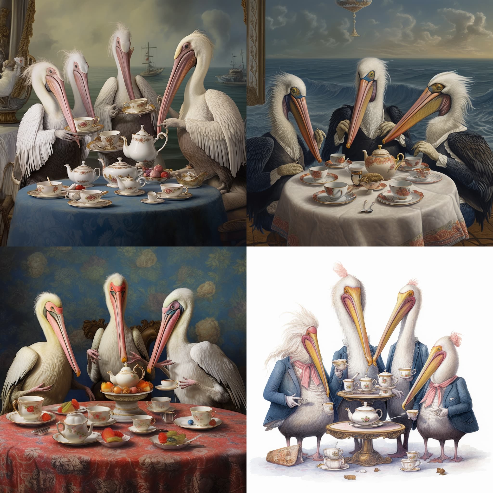 Four images of pelicans having a tea party. These look a bit more like illustrations - they are more whimsical, in formal settings and the pelicans often have little hands - sometimes white, sometimes pink claws - to hold the tea with.
