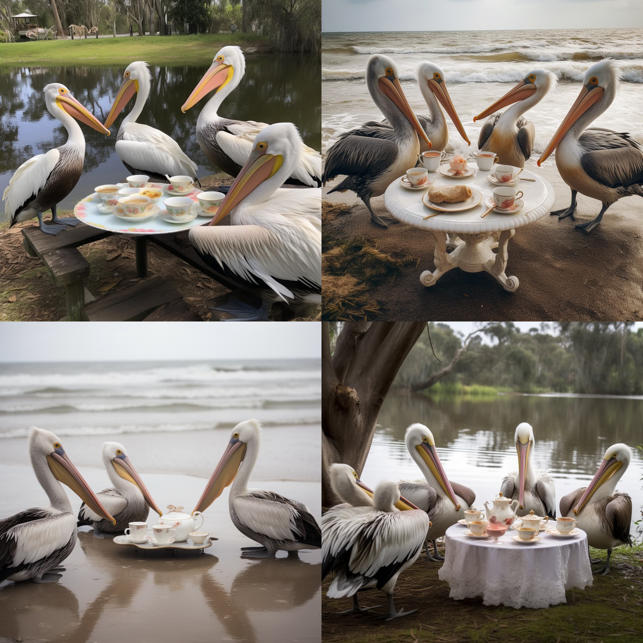 Four images of pelicans having a tea party. They are photo realistic, in a natural outdoor setting. None of the pelicans are holding their tea, they are just standing near the tea service.