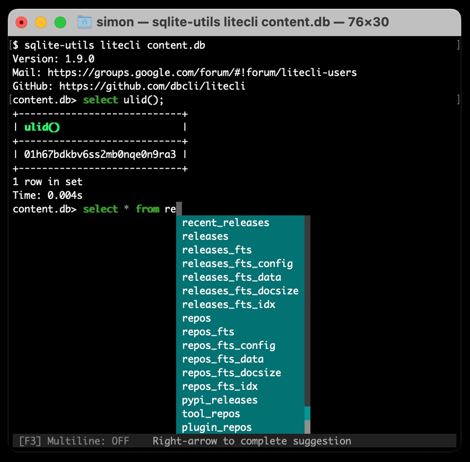 Screenshot showing the plugin in action - it includes autocomplete of SQLite table names