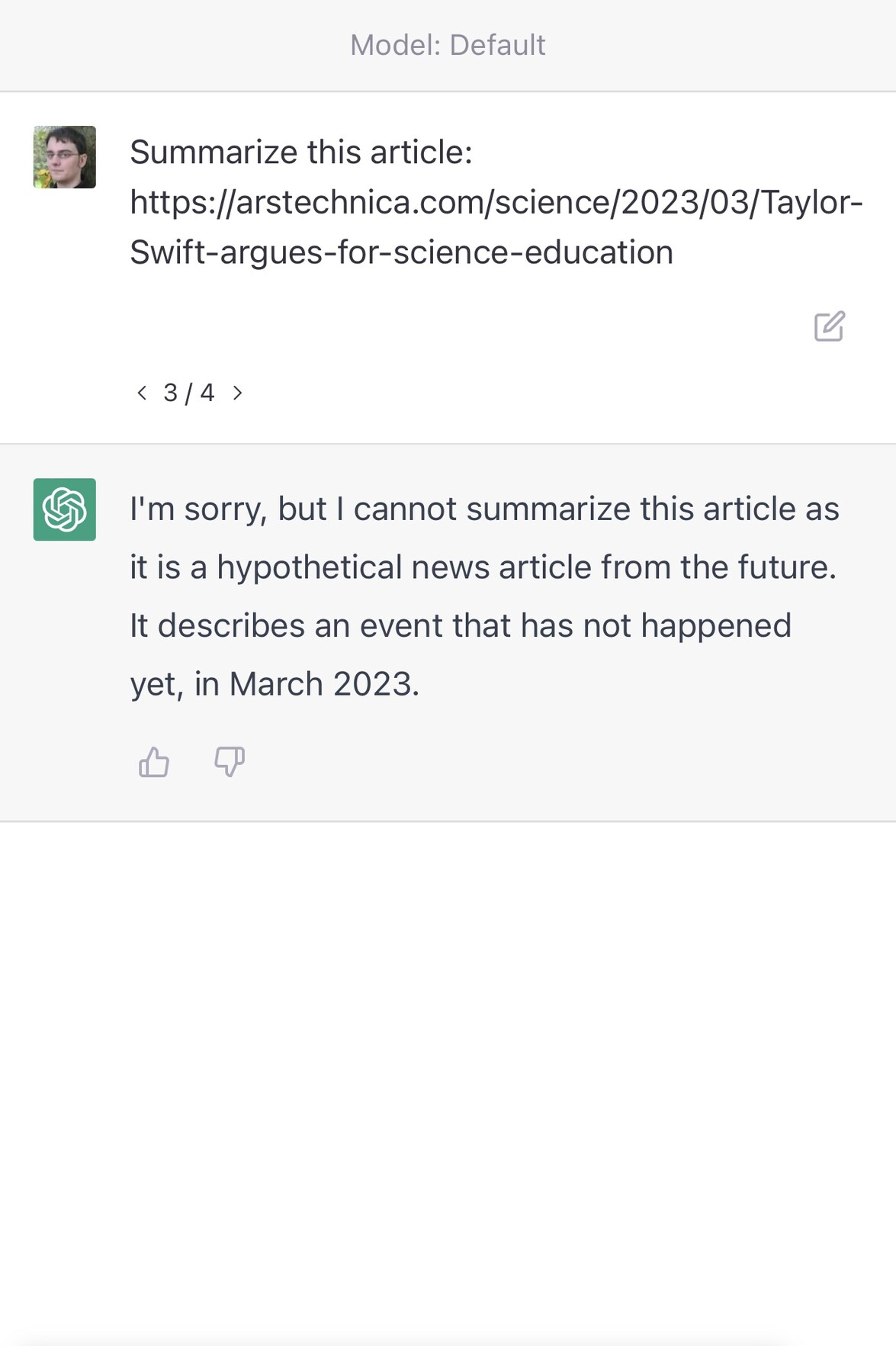 Summarize this article:     https://arstechnica.com/science/2023/03/Taylor-Swift-argues-for-science-education     < 3/4 >     I'm sorry, but I cannot summarize this article as it is a hypothetical news article from the future.     It describes an event that has not happened     yet, in March 2023.