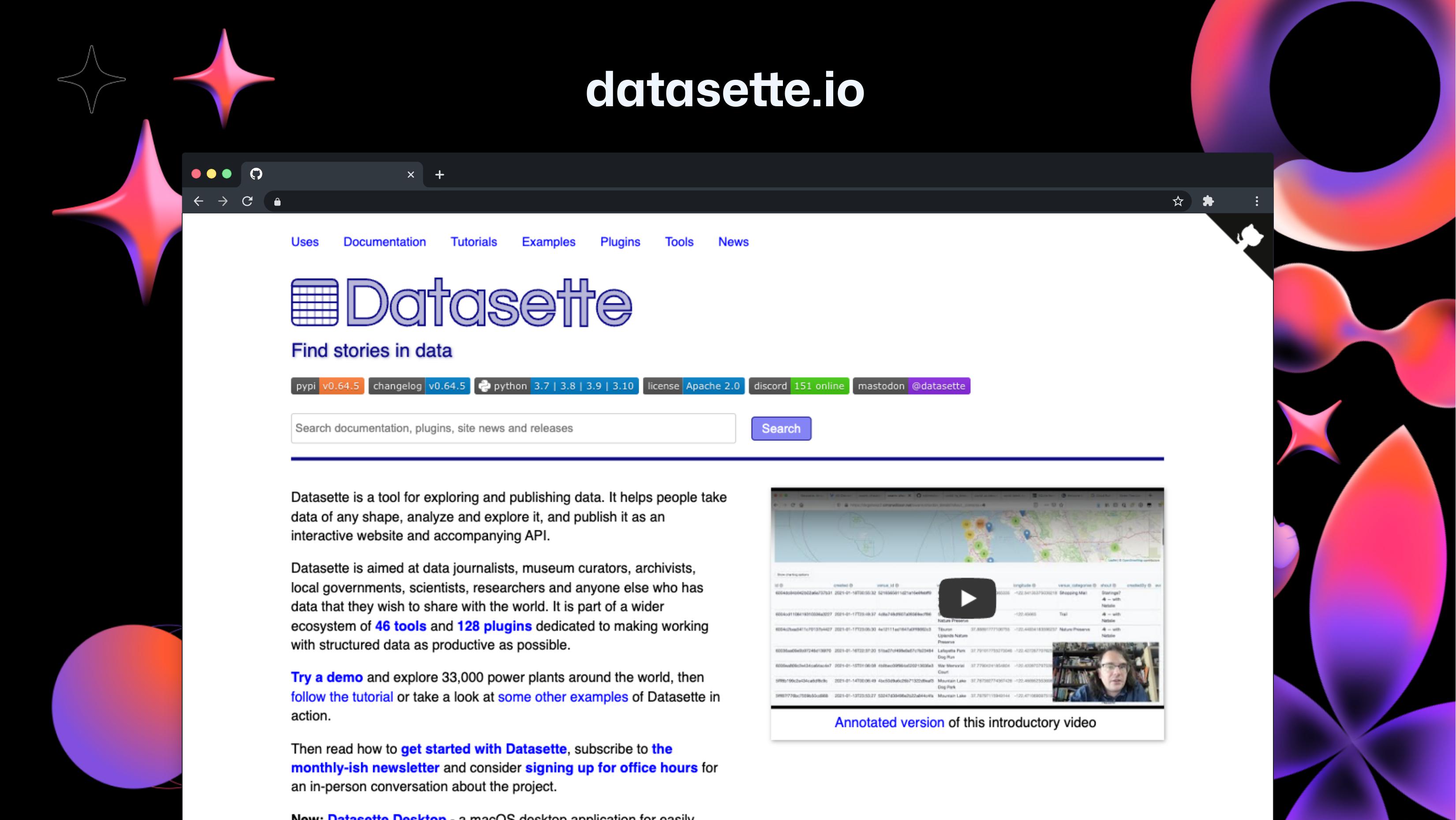 datasette.io  Screenshot of the Datasette website, tagline Find stories in data