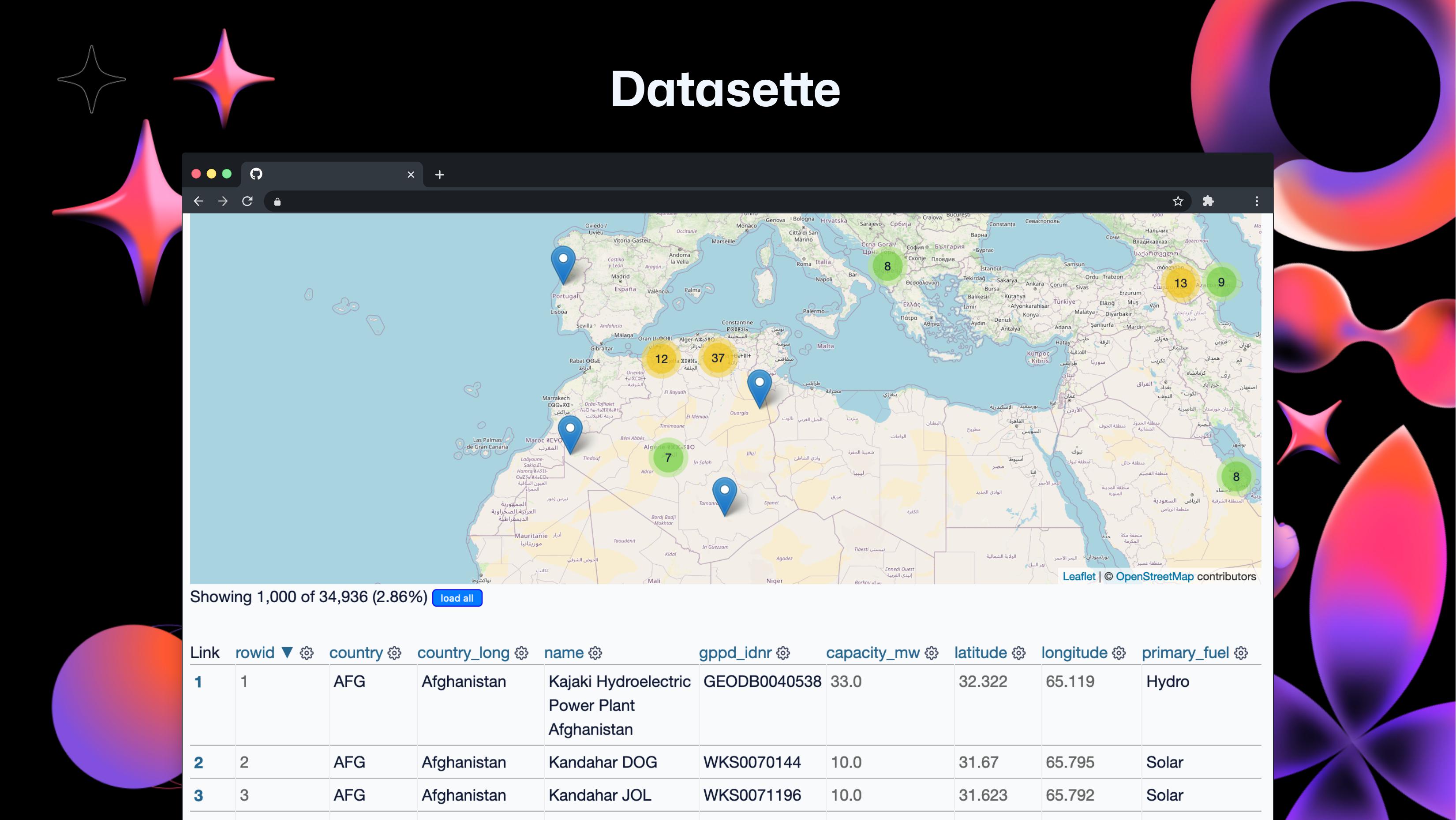 Screenshot of Datasette - a page displaying a map with clusters of markers above a table of data