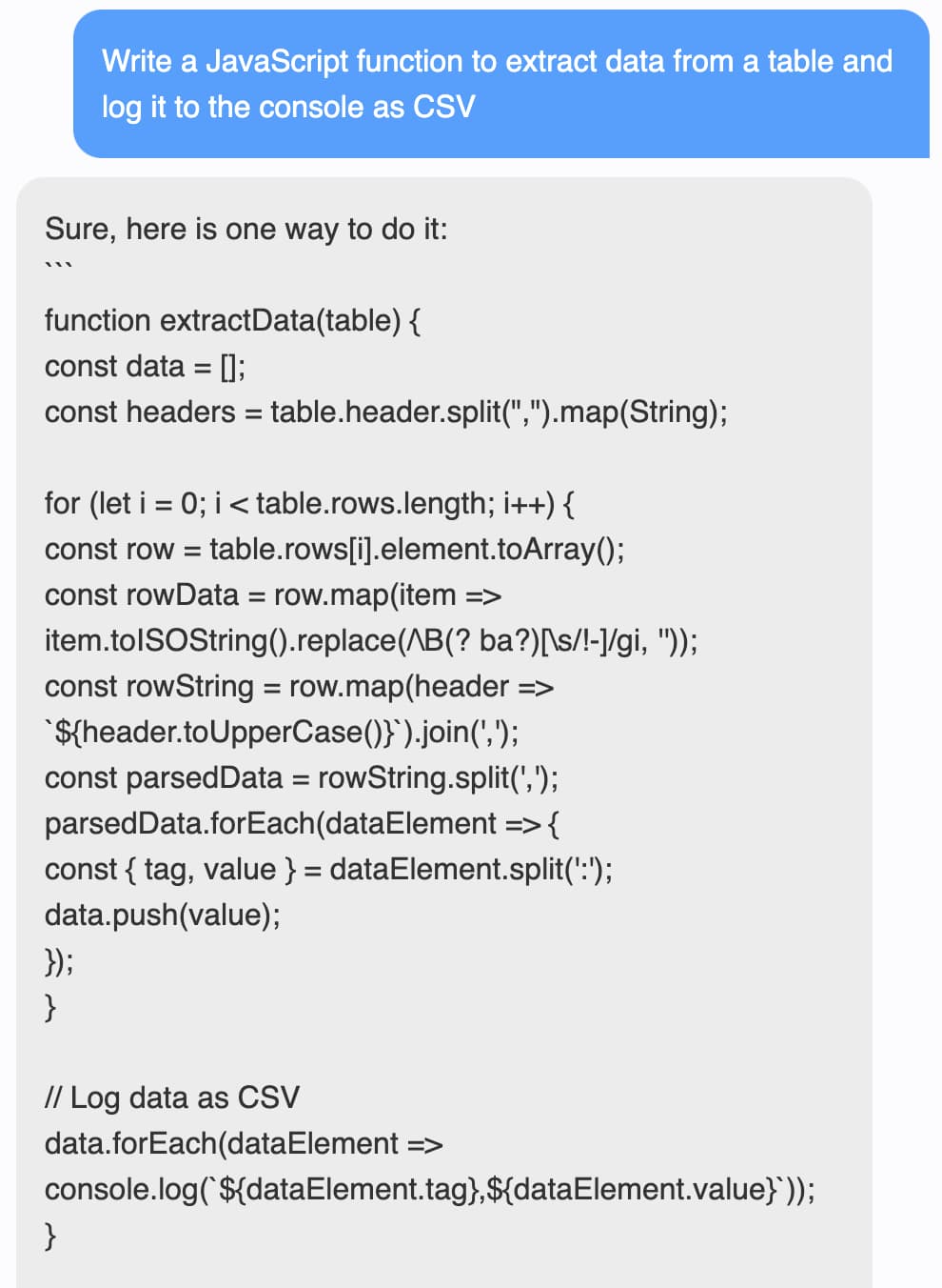 Sure, here is one way to do it: ``` function extractData(table) { const data = []; const headers = table.header.split(",").map(String); for (let i = 0; i < table.rows.length; i++) { const row = table.rows[i].element.toArray(); const rowData = row.map(item = /> item.toISOString().replace(/\B(? ba?)[\s/!-]/gi, '')); const rowString = row.map(header => ${header.toUpperCase()}).join(','); const parsedData = rowString.split(','); parsedData.forEach(dataElement => { const { tag, value } = dataElement.split(':'); data.push(value); }); } // Log data as CSV data.forEach(dataElement => console.log(`${dataElement.tag},${dataElement.value}`)); }